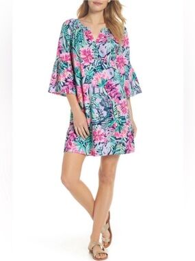 🌺 Lilly Pulitzer Teigan 3/4 Bell Sleeve Tunic Dress in Multi Slathouse Soirée